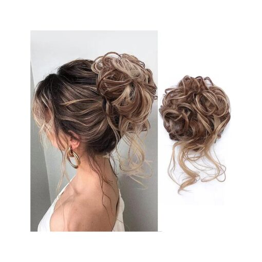 KETHBE Messy Bun Hair Piece Tousled Updo Hair Buns Extension Elastic Hair Band Hair Pieces Curly Hair Bun Scrunchie For Women ( Brown Mix Ash Blonde )