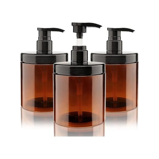 Pump Bottle Dispenser 3 Pcs 600ml/20oz Refillable Plastic Pump Bottles Wide Mouth Jar Style BPA Free Empty Pump Bottles Bathroom Shower Containers for Lotion Shampoo Conditioner ( Brown )