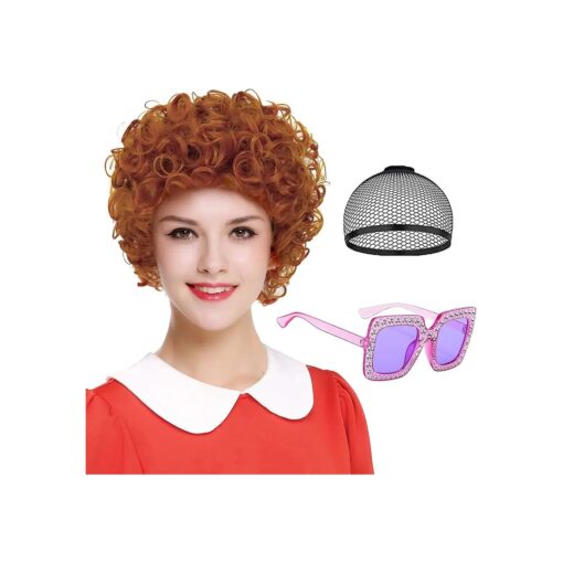 Brown Red Curly Wig for Women Mrs Roper Wig with Glasses Short Curly Wigs for Mrs Roper Costume Women Curly Wavy Ginger Wig for Halloween Costume with Wig Cap SL031