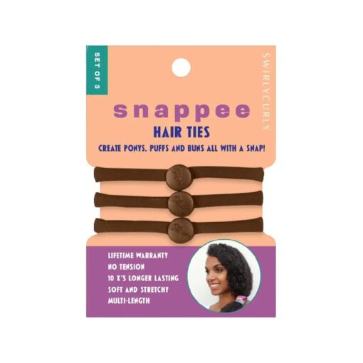 Snap Hair Ties for Thick, Natural, Curly Hair | No Slip, No Tension Pro Hair Tie | Strong Ponytail Holder ( 3 Pack, Brown )