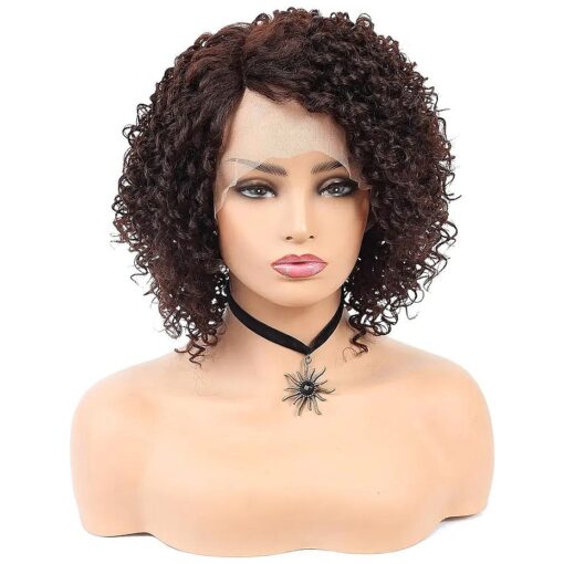 Afro Curly Lace Front Wigs Brown Synthetic Heat Resistant Fiber Short Curly Wig for Black Women