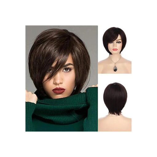 Baruisi Short Brown Bob Wigs for Women Synthetic Straight Side Bangs Costume Hair Wig for Party Daily Use