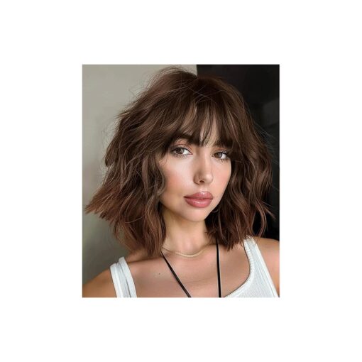 AISI HAIR Brown to Auburn Wigs With Bangs Short Wavy Bob Wig for Women Synthetic Short Curly Wave Wigs Heat Resistant Fiber Hair Wigs for Daily