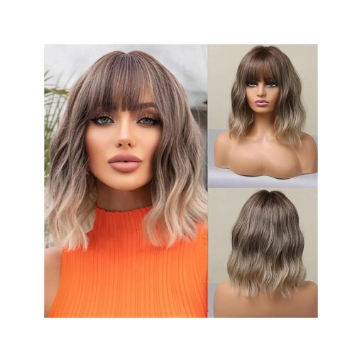 Allbell Brown to Blonde Wigs for Women Short Wavy Bob Wig with Bangs for Women Synthetic Short Curly Wave Wigs Heat Resistant Fiber Hair Wigs for Daily