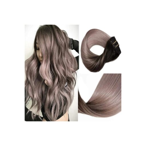 HUAYI Brown To Milky Lavender/Pink Mauve Ombre 120g 16inch 7Pcs Clip In Hair Extensions Human Hair Soft Thick End Tangle Free Durable Silky Straight Balayage Hair Extensions ( 2TG # 16 )