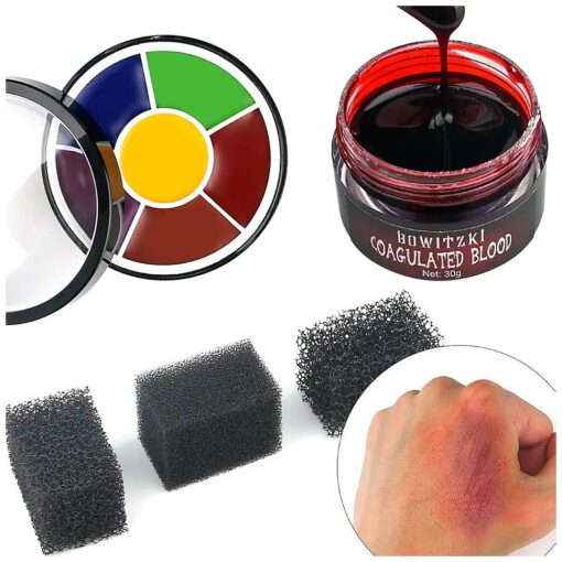 Bowitzki Halloween Makeup SFX Starter Kit-6 Color Oil Based Face Paint Bruise Wheel,3 Stipple Sponges, Stage Blood, Perfect for Party Cosplay Stage & Wound Theatrical Makeup ( Bruise Makeup Kit )