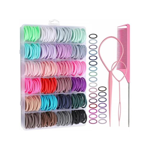 360PCS Elastic Hair Ties, Small Ponytail Holders with Clear Organizer Box, No Crease Hair Ties for Kids Girls Baby Toddle, 24 Colors Hair Ties with Hair Tail Tools, Rat Tail Comb, Kids Hair Accessory