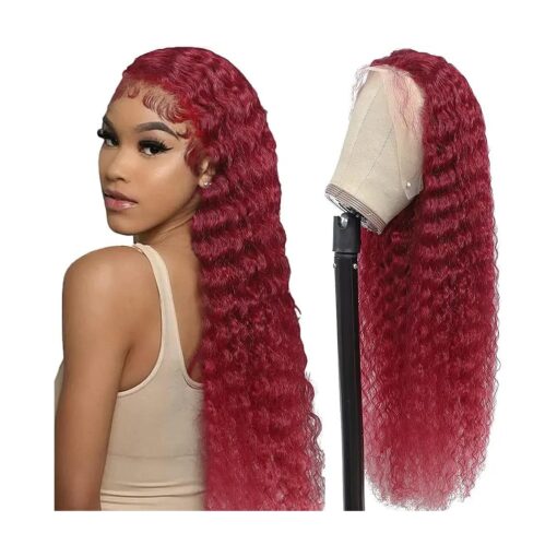 Burgundy Lace Front Wigs Human Hair 13x4 99j Deep Wave Human Hair Wig 200 % Density Red Color Deep Curly Lace Front Wigs Pre Plucked Virgin Human Hair Wigs ( 20Inch, Burgundy )