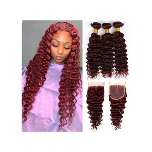 99J Burgundy Deep Curly Hair Bundles with 4x4 Lace Closure Deep Wave Wine Red Brazilian Human Hair Weft Virgin Human Hair Weaves Brand : Laurianda Hair ( 18 20 22 with 18C )