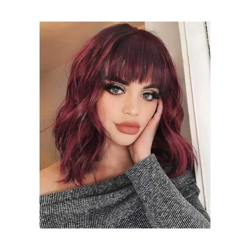 Red Wig for Women, Wig with Bangs Burgundy Red Wavy, Natural Looking Red Bob Wig Curly Wigs for White Women, Heat Resistant Fiber Wigs 12 Inch for Daily Party WR1201NT ( 118/39 # )