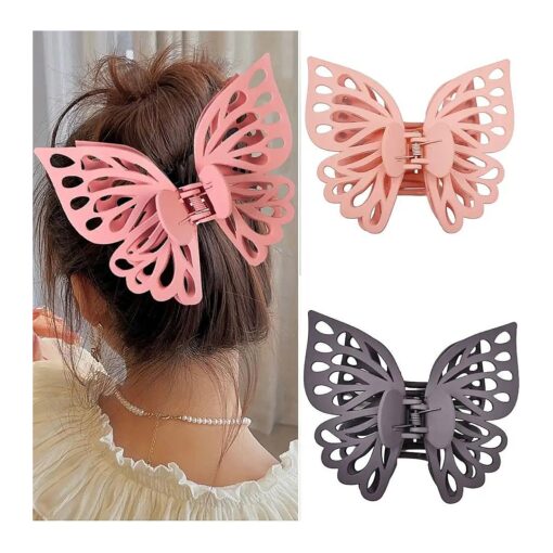 Butterfly Hair Clips Butterfly Claw Clips Large Matte Hollow Butterfly Hair Clips for Women Strong Hold Non-Slip Hair Catch Barrettes Clamps for Thick Hair Cute Hair Clips 2 Pack ( Purple, Pink )