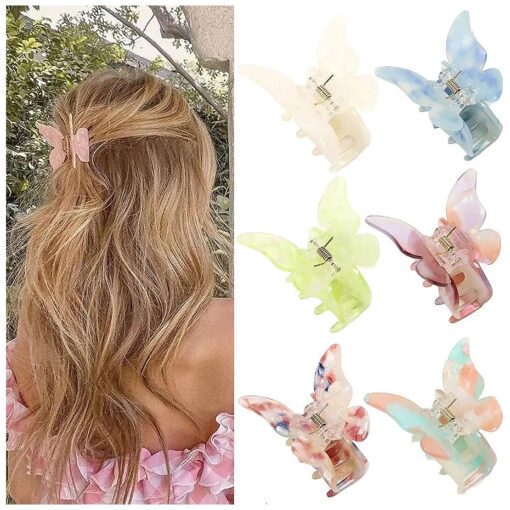 Hair Claw Butterfly Tortoise Shell Jaw Clips 2.3 inch Beautiful Hair Accessories for Girls and Women, ( Mixed color, 6 pack )