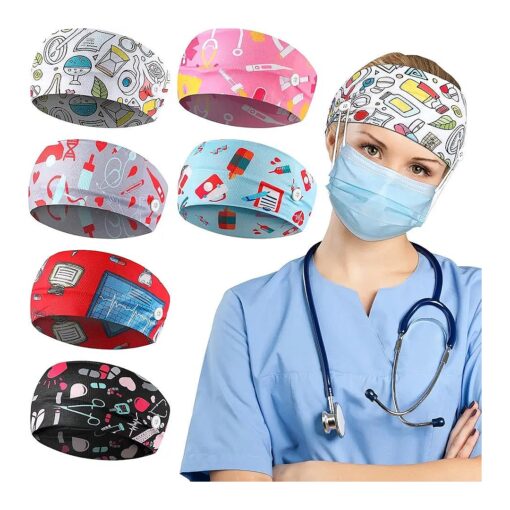 6 Pieces Button Headbands Non Slip Nurse Headbands Stretchy Headwraps Nonslip Yoga Sweatbands with Ear Protection Holder Elastic Headscarves for Yoga, Running, and Exercise, 6 Styles ( Cute Pattern )