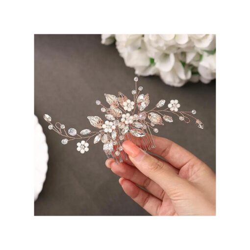 Gorais Leaf Bride Wedding Hair Comb Pearl Bridal Hair Piece Crystal Side Comb Hair Accessories for Women and Girls ( C-Rose Gold )