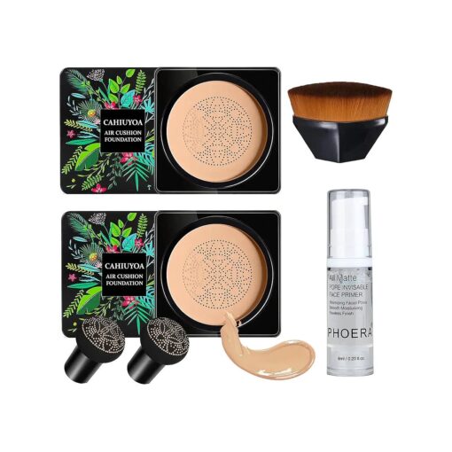 2PCS Mushroom Head Air Cushion CC Cream BB Cream Foundation Full Coverage Foundation 24HR Matte Oil Control Concealer With Makeup Face Primer & Petal-Shaped Cosmetics Brush ( Natural )