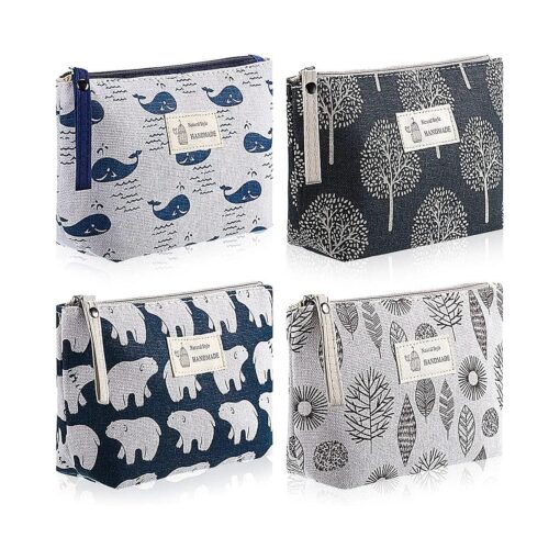 4 Pieces Canvas Cosmetic Bags Set Pouches for Purse with Zipper Multi Functional Canvas Travel Pouch for Women Girls Vacation Travel Toiletry Bag, 4 Styles ( Whale, Bear, Tree, Leave, Small )