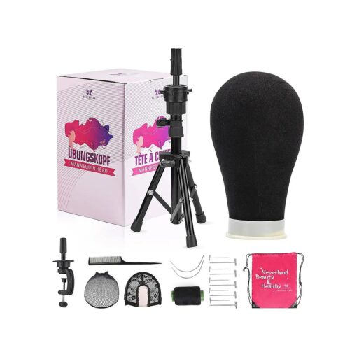 23 Inch Canvas Wig Head, Wig Stand Tripod with Head, Mannequin Head for Wigs Making Display with Wig caps, T Pins Set, Bristle Brush ( Black )