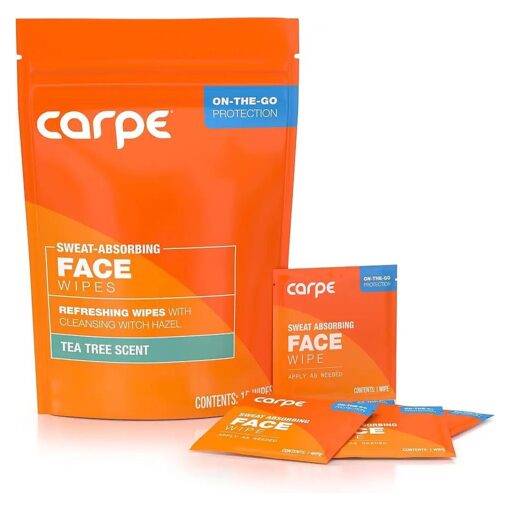 Carpe Sweat Absorbing Face Wipes ( 15 Facial Wipes ), Witch Hazel & Tea Tree Oil Wipes Infused with Eucalyptus, Energizing, Refreshing, and Soothing, Sweat and Oil Control