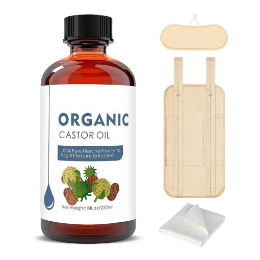 Organic Castor Oil Cold Pressed Glass Bottle, Unrefined ( 8fl.oz/237ml ), Castor Oil Pack Wrap Organic Cotton and Organic Flannel Cloth for Castor Oil Packs, HRIPT Test Passed, Non-allergenic