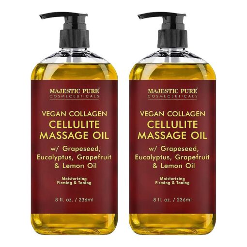 MAJESTIC PURE Cellulite Massage Oil - with Vegan Collagen & Stem Cells, Unique Blend of Massage Essential Oils - Anti Cellulite Oil Improves Skin Tightening and Firming, 2 x 8 fl oz