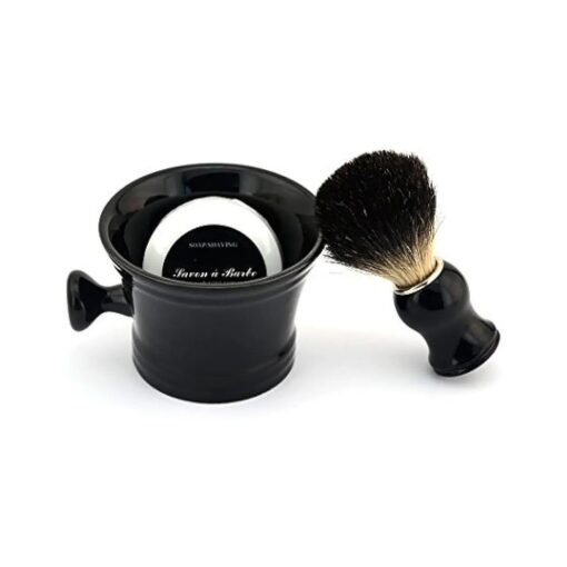 Ceramic Shaving Soap Bowl Kit for Men, Pure Badger Shaving Brush, Shaving Cream Soap, Wide Mouth, Ceramic Black Shaving Soap Bowl/Mug with Knob Handle ...