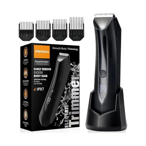 PRITECH Body Hair Trimmer for Men Pubic Hair Trimmer - Wet/Dry Ball Trimmer with Ceramic Blade, Rechargeable Body Groomer for Men with Standing Recharge Dock, Cordless Groin Hair Trimmer for Men