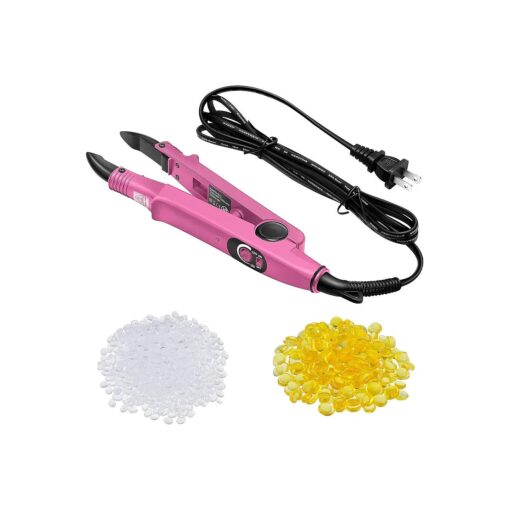 Fusion Hair Extensions Tool US Plug Professional Hair Extensions Tools Fusion Heat Iron Connector Wand U Tip Hair Extensions with 2 Bags Keratin Glue Granule Beads for Hair Extensions, C Head ( Pink )