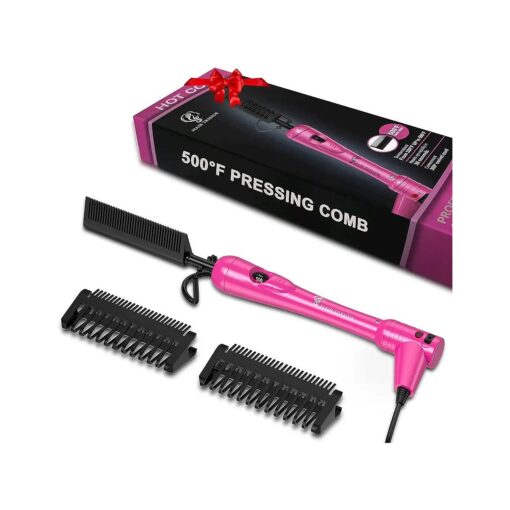 Mini Pink Hot Comb 500 Degree, Dual Voltage Electric Pressing Comb for Black Hair, Portable Ceramic Straightening Comb, Anti-Scald Plug in Hot Comb Hair Straightener for Wigs, 4C Hair & Beard