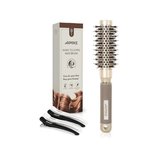 AIMIKE Round Brush, Nano Thermal Ceramic & Ionic Tech Hair Brush, Small Round Barrel Brush with Boar Bristles for Blow Drying, Styling, Curling and Shine ( 2 inch, Barrel 1 inch ) + 4 Free Clips Gold