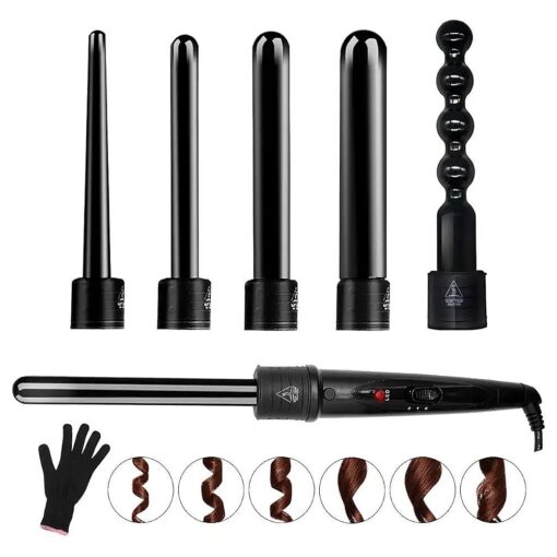 6 in 1 Curling Iron Wand Set with 6 Interchangeable Ceramic Barrels and Heat Protective Glove ( Black-6in1 ) ( Black-6 )