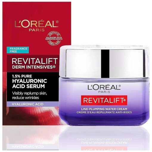 L'Oreal Paris Revitalift Moisturizer, Hyaluronic Acid Water Cream with Ceramides, Deeply Hydrating, Fragrance Free 1.7 oz + Serum Sample