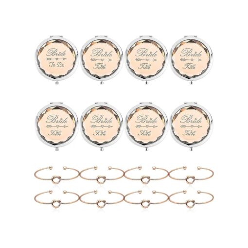 Pack of 8 Compact Pocket Makeup Mirrors Set Include 1 Bride to Be Mirror 7 Bride Tribe Mirrors and 8 Pack Bridesmaid Love Knot Bracelets for Bachelorette Party Bridesmaid Proposal Gifts ( Champagne )