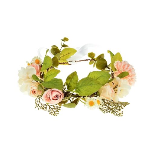 June Bloomy Rose Flower Leave Crown Bridal Halo Headband with Adjustable Ribbon ( Champagne Flower Leaf )