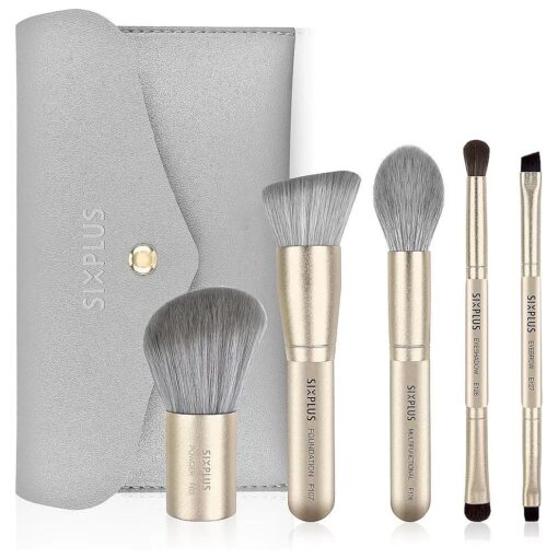 Travel Makeup Brushes Set with Case, SIXPLUS 5Pcs Champagne Gold Double Ended Professional Make Up Brush for Foundation Blush Powder Eyeshadow Blush Eyebrow Lip, Portable Storage Bag, Best Gift Kit