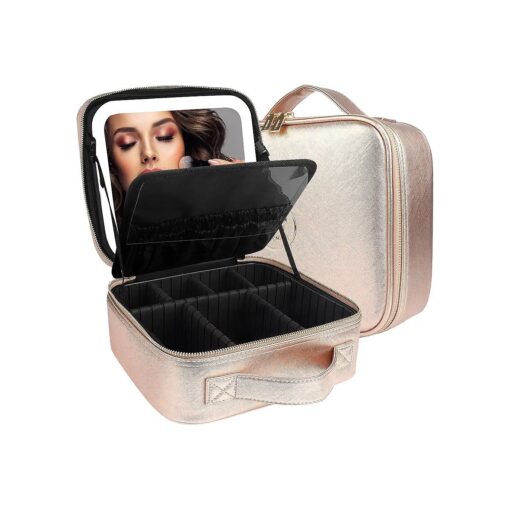 Travel Cosmetic Train Case with Lighted Mirror 3 Color Scenarios Cosmetic Bag Organizer with Adjustable Dividers Makeup Storage for Women, Makeup Accessories & Tools Case Champagne