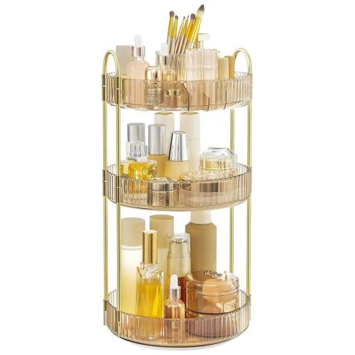 SONGMICS Makeup Organizer, 3-Tier Round Rotating Skincare Organizer Countertop, Customizable, Toiletries Vanity Organizer, Lazy Susan, Gift, Champagne Gold UJKA011A01