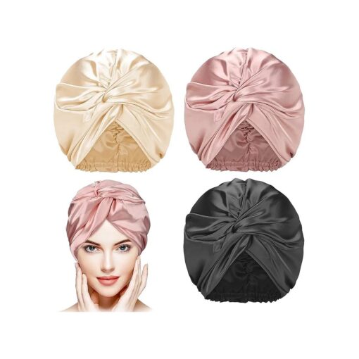 3 Pieces Silk Hair Wrap for Sleeping Women Bonnet Silk Sleeping Bonnet Elastic Hair Care Sleep Cap for Natural Curly Hair ( Champagne, Black, Rose Gold )