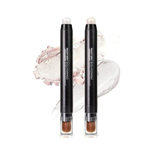 2PCS Eyeshadow Stick, Champagne White Shimmer Eye Shadow Pencil Brightener Inner Corner Eye Liner Crayon Highlighter Cream Metallic Waterproof Longlasting Lying Silkworm Makeup with Brush Set