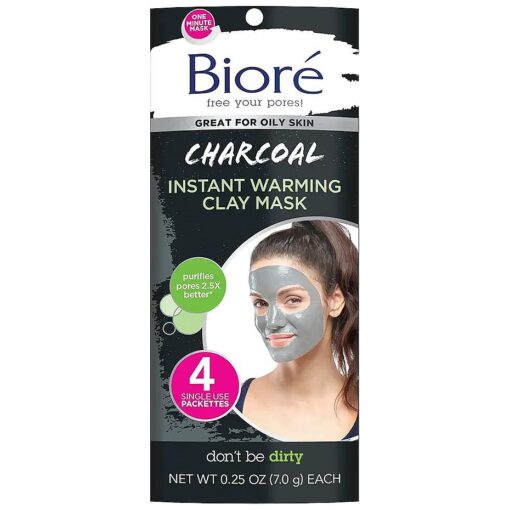 Biore Charcoal Instantly Warming Clay Facial Mask for Oily Skin, with Natural Charcoal, Cleanse Clogged Pores, Dermatologist Tested, Non-Comedogenic, Oil Free,1 Pack ( 4 Count )