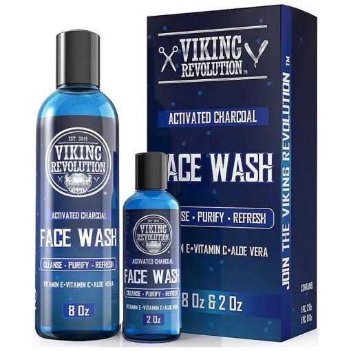 Viking Revolution Charcoal Face Wash for Men- Scrub Away Dirt and Toxins, Skin Cleaning Agent - Cleanse, Purify and Refresh - Daily Charcoal Facial Cleanser - 8 Fl Oz plus a 2 Fl Oz, 2 Piece Set