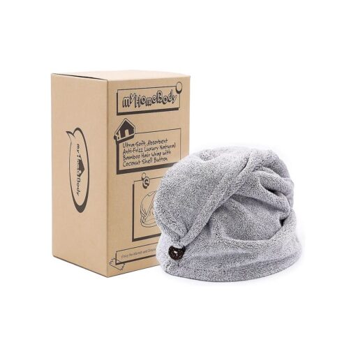 myHomeBody Hair Towel Wrap | Luxury Rapid-Dry Hair-Drying Turban | Ultra Soft and Quick Drying Absorbent Charcoal Fiber, with Coconut Shell Button - Gray