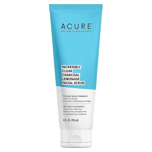 ACURE Incredibly Clear Charcoal Lemonade Facial Scrub -Deep Face Wash Cleansing, Gentle Exfoliates & Detoxifies with Charcoal Scrub, Lemon & Blueberry -For Oily to Normal & Acne Prone Skin, 4 Fl Oz