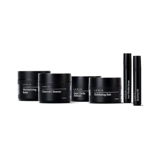 Lumin - Complete Gift Bundle - Men 's skincare Gift Routine includes : Charcoal Face Wash, Charcoal Scrub, Face Moisturizer, Wrinkle Serum, Recovery Oil & Dark Circle Defense Balm