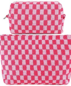 2Pcs Checkered Makeup Bag for Women Large Cosmetic Bag Set Travel Toiletry Bag Makeup Pouch Bag for Purse Pink Zipper Storage Bag Organizer Cute Small Aesthetic Girls Car Essentials Bag