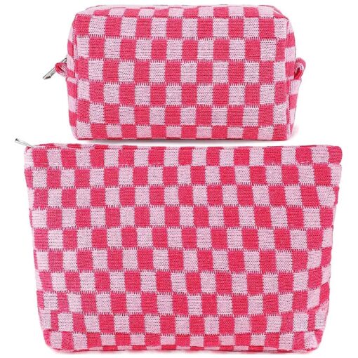 2Pcs Checkered Makeup Bag for Women Large Cosmetic Bag Set Travel Toiletry Bag Makeup Pouch Bag for Purse Pink Zipper Storage Bag Organizer Cute Small Aesthetic Girls Car Essentials Bag