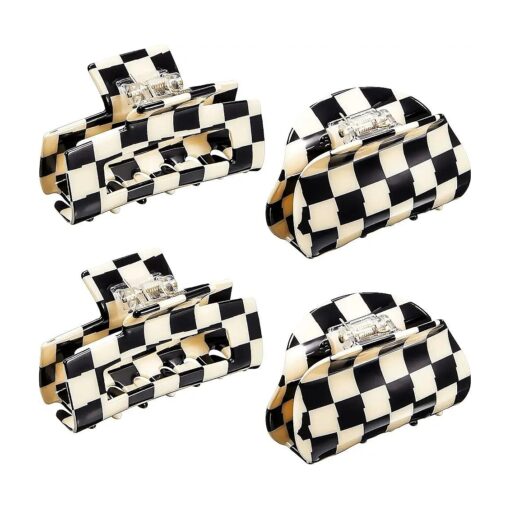 4 Pieces Checkered Hair Claw Clips Non Slip Hair Jaw Clip Large Rectangular Hair Barrettes for Thick Thin Curly Straight Long Hair for Women Girls 80 's Hair Accessories Black and White ( Simple Style )