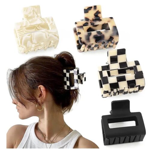 Checkered Hair Clips Claw Clips for Thick Hair Acetate Hair Clips 4Pcs Claw Clips for Thin Hair 2" Hair Clips for Women Small Hair Clips Tortoise Barrettes Hair Accessories for Women