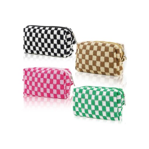 4 PCS Checkered Makeup Bag Cosmetic Bag for Women Checkered Pouch Plaid Makeup Bag for Women Large Capacity Pencil Case Makeup Brushes Storage Bag Travel Toiletry Bag Organizer