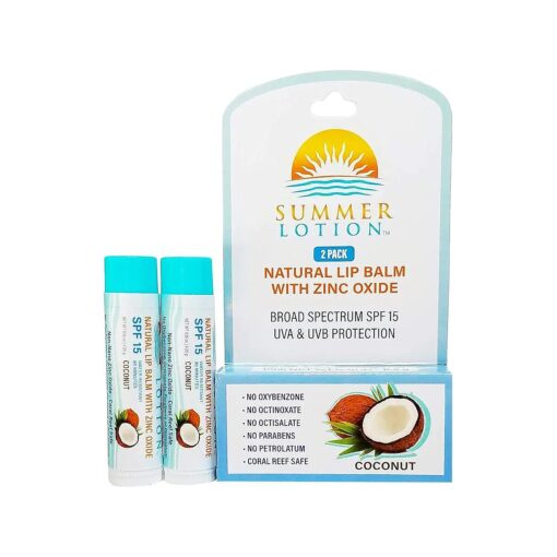 Natural Lip Balm with Zinc Oxide Sunblock by Summer Lotion, SPF 15 Lip Sunscreen 2-Pack, Water Resistant Chapstick, SPF Lip Protection for Everyone, ( Coconut )