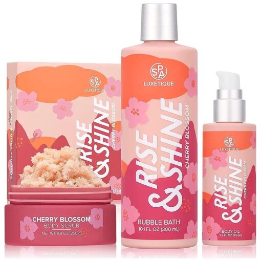 Spa Gifts for Women, Spa Luxetique 3 Pcs Cherry Blossom Bath Sets, Bath and Body Gift Sets with Bubble Bath, Body Oil, Body Scrub, Self Care Kit, Birthday Gifts for Women, Valentine 's Day Gift for Her